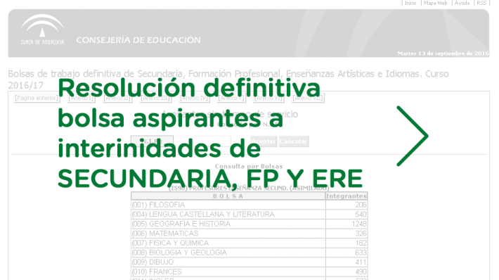 Publicada la resolución definitiva de las bolsa de aspirantes a Interinidades de Secundaria, FP y ERE Resolución definitiva bolsa aspirantes a interinidades de Secundaria, FP y ERE