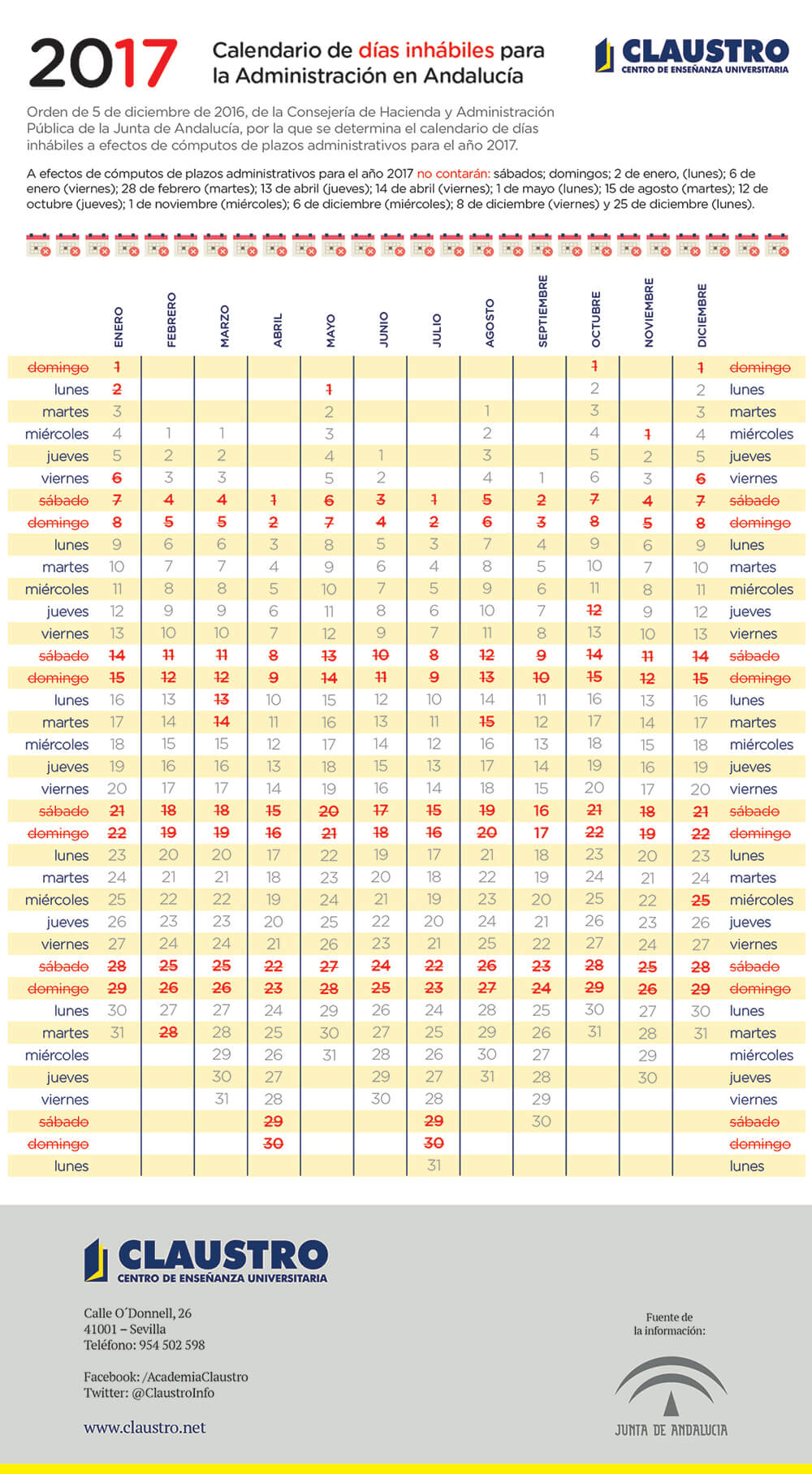 Calendario 2017 de días inhábiles para la Administración en Andalucía 1 Calendario 2017 de días inhábiles para la Administración en Andalucía