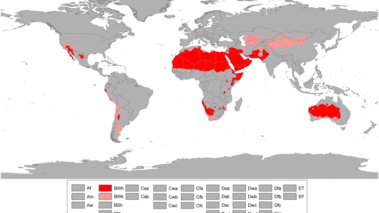 Mapa corocromático. Localización geográfica de climas áridos según la clasificación Köppen - Academia CLAUSTRO