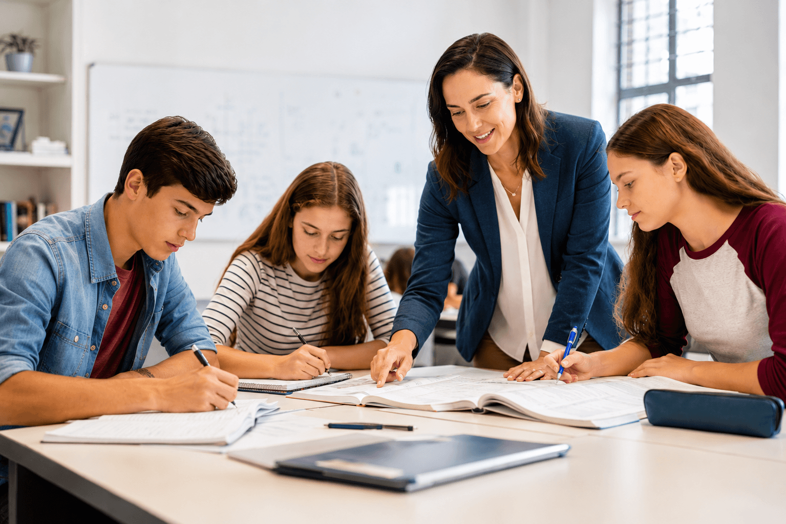 Profesora ayudando a estudiantes de ESO y Bachillerato en una clase de apoyo escolar en Sevilla